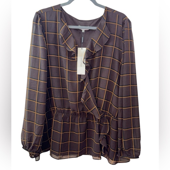 Calvin Klein Woman's Brown Printed Faux Wrap Top Blouse - Picture 3 of 7